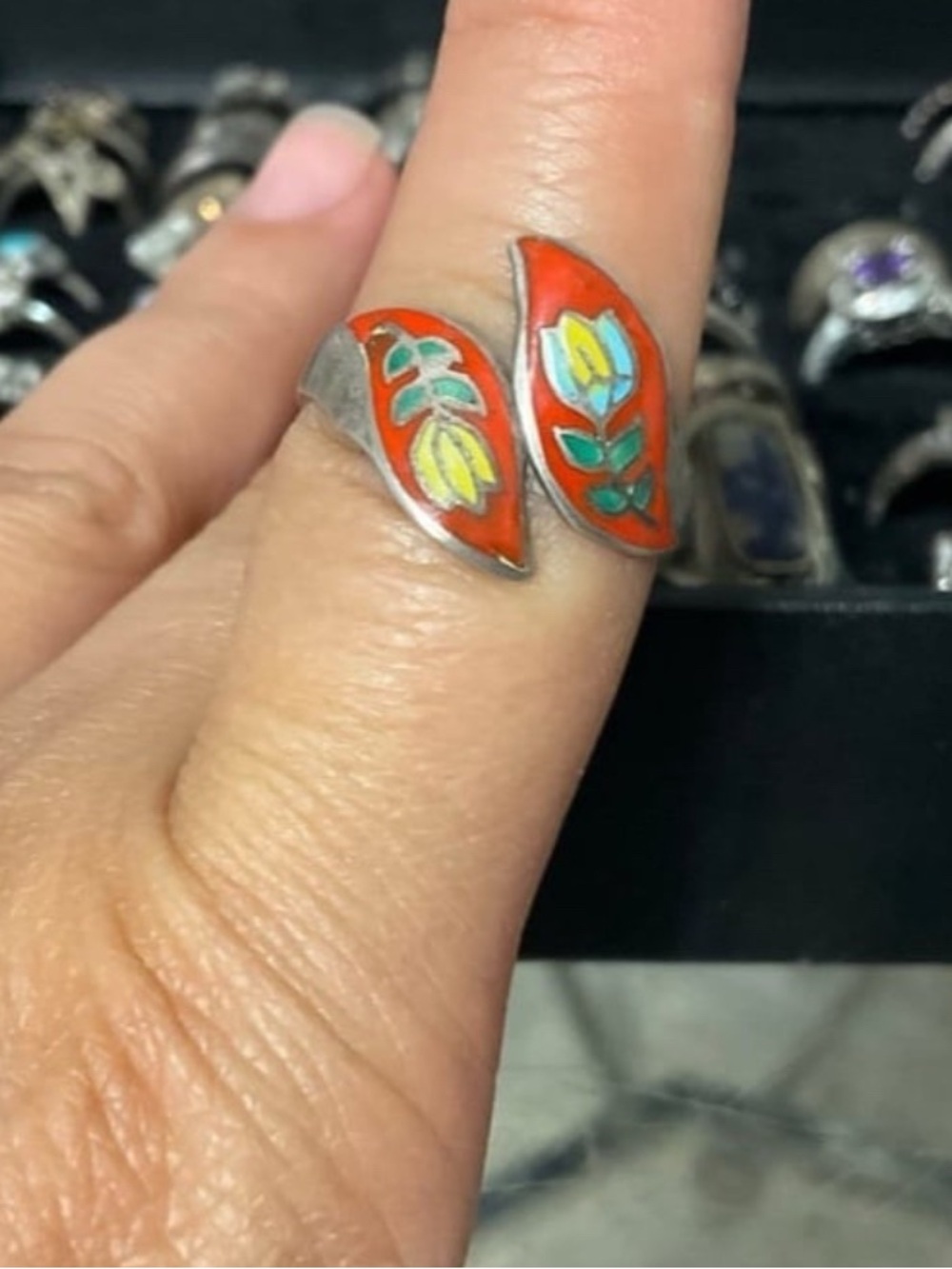 Sterling Silver Red Enamel Floral Open Ring